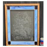 Framed Stained Glass w Etched Tree Design