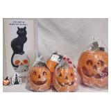 LED Black Cat w Skull & Lit Pumpkins Decor NOS