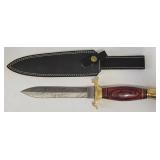 Damascus Steel Knife w Sheath & Brass Details