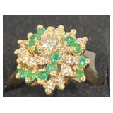 14KT Gold Emerald & Diamond Cocktail Ring Sz 6