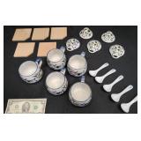 5 Japanese Ceramic Cups w Spoons & Lids