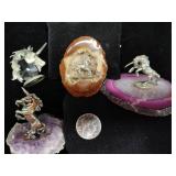 4 Pewter Unicorn Figures, Amethyst & Agate Bases