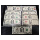 9 U.S. $2 Bills w Red & Green Seals