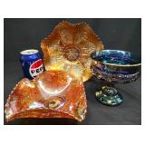 3 Vintage Carnival Glass Pieces - Bowls & Compote