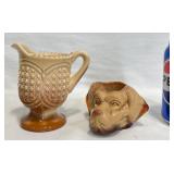 Antq Chocolate Slag Pitcher, Dog Toothpick Holder