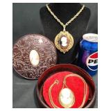 2 Vntg Cameo Necklaces & Vntg Cameo Powder Box