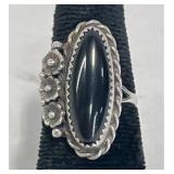 Sterling Silver Ring w Black Stone, Floral Sz 6