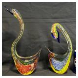 Pair Murano Glass Family Swans w Silver Flecks