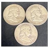 3 U.S. Silver Franklin Half Dollars- 1957 & 1958