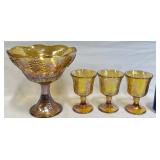Vintageï¿½Marigold Carnival Glass Compote & Goblets