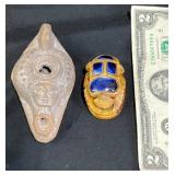 Egyptian Hathor Oil Lamp & Scarab Clay Figure