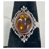 Silver Ring w Amber Gemstone Sz 7