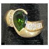 14KT Gold Ring w Green Tourmaline & Diamonds Sz 8