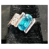 18KT White Gold Ring w Blue Zircon & Diamonds