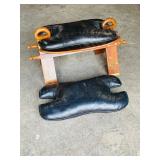 vintage brass inlaid camel stool & 2 leather seats