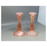 pair- pink glass candle sticks- 8' tall