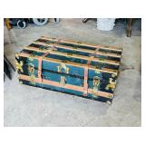 vintage oak & leather strapped trunk