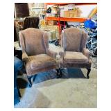 pair of fabric wing back chairs