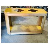 blonde wood sofa table w/ glass insert