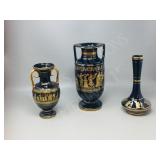 3 Greek vases w/ 24K gold trim - exc condition