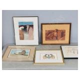 box- framed prints, signed  5 pcs