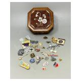 misc pins in wood jewelry box