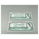 2 Canadian 1954 one dollar bills