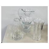glass pitcher & 2 crystal vases