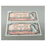 2 Canadian 1954 two dollar bills