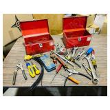 2 small metal tool boxes & tools