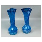 pair- blue swirl Altaglass vases  8" tall