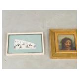 2 small pictures ,1 painted bone tile, signed