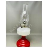 vintage red/ white oil lamp w/ chimney