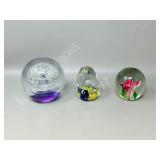 3 glass art paperweights - no markings