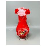 handblown red art glass vase - 8"