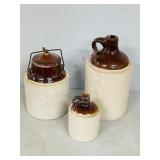 2 crock jugs & 1 pickle jar w/lid