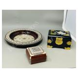 2 ornate trinket boxes & inlay wood plate