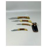 4 wood & brass lock blade knives