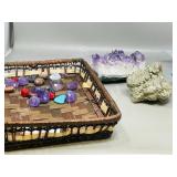 wicker tray w/ quartz & Pyrite samples