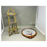 brass art stand w/ Asian silk art