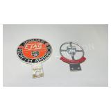 pair of metal Jaguar car club badges