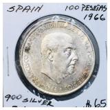 Spain- 1966,  100 Pesetas silver coin