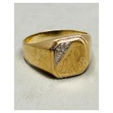 mens monogram gold ring with 6 diamonds