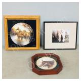 3 framed horse pictures & plates