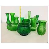 box of green glass- vases & bowls