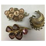 3 Vintage Clear/Pink Rhinestone Brooches