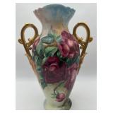 20ï¿½ Handpainted 2 Handled Rose Pattern Vase