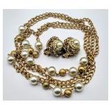 Gold Tone Faux Pearl Necklace & Earrings