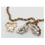 Gold Tone Cultured Pearl Necklace & Earrings