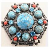 Beautiful Turquoise & Coral Antique Pin